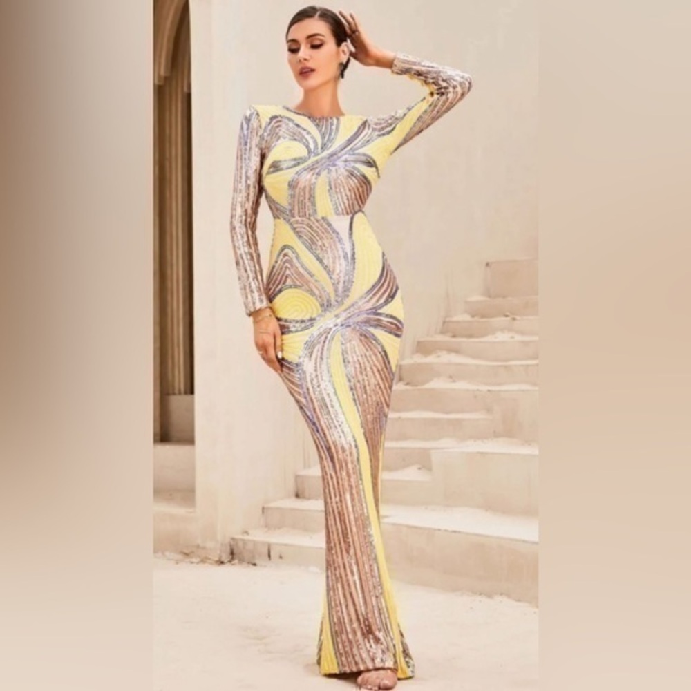 Love & Lemonade Sequin Gown Small Petite Yellow Purple Formal Prom Pageant Dress